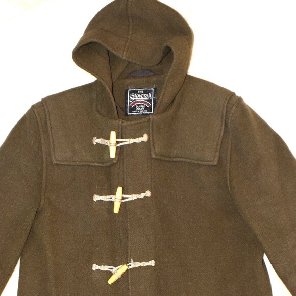 Vintage Gloverall Wool Duffle Coat Green Brown Hooded Made in England Large - Picture 4 of 12